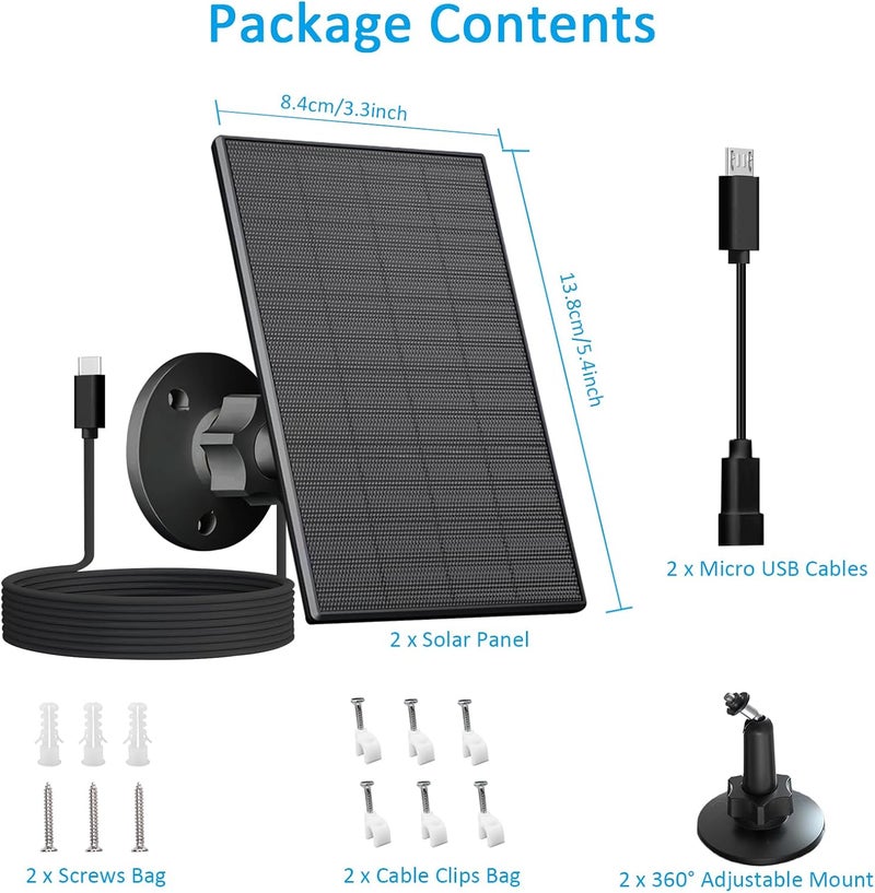 VUEBEE 2W Solar Panel for Security Camera Outdoor, USB/USB-C Charger with IP65 Waterproof, 360° Adjustable Mount & 7.2ft Cable, Compatible with Rechargeable Battery Cameras (2 Pack, Black) - Image 2